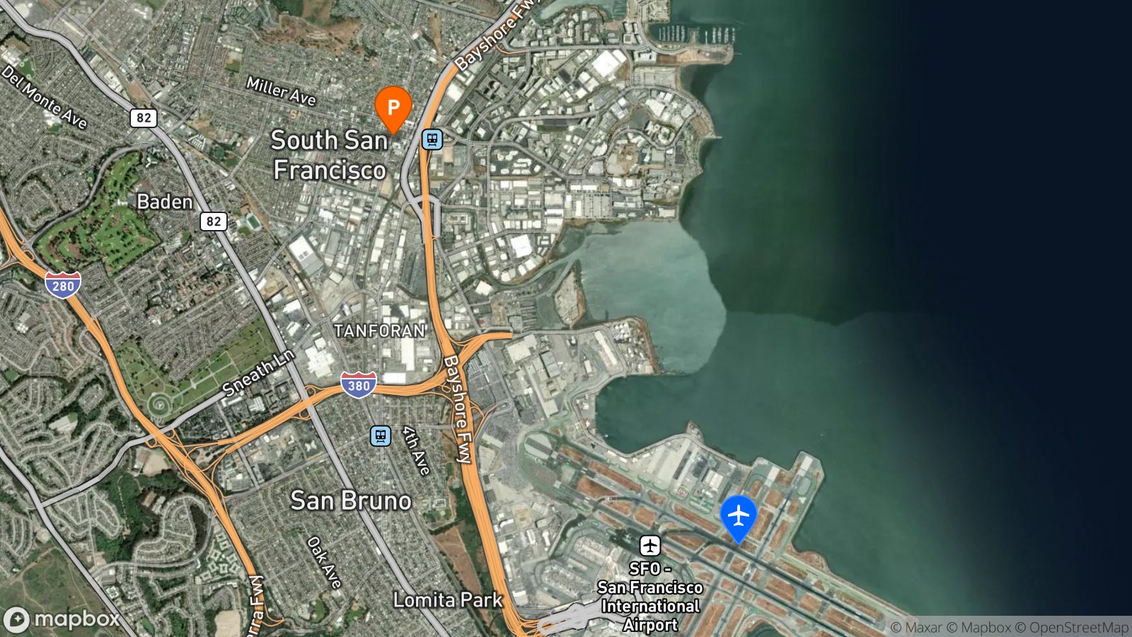 Satellite view of hotel and SFO airport