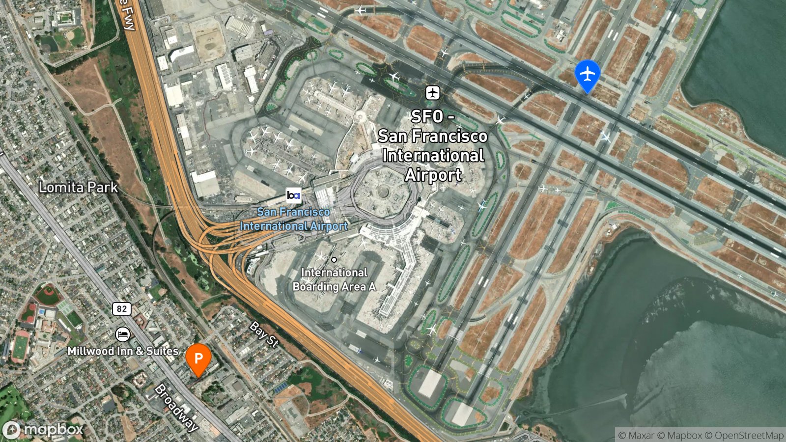 Satellite view of hotel and SFO airport