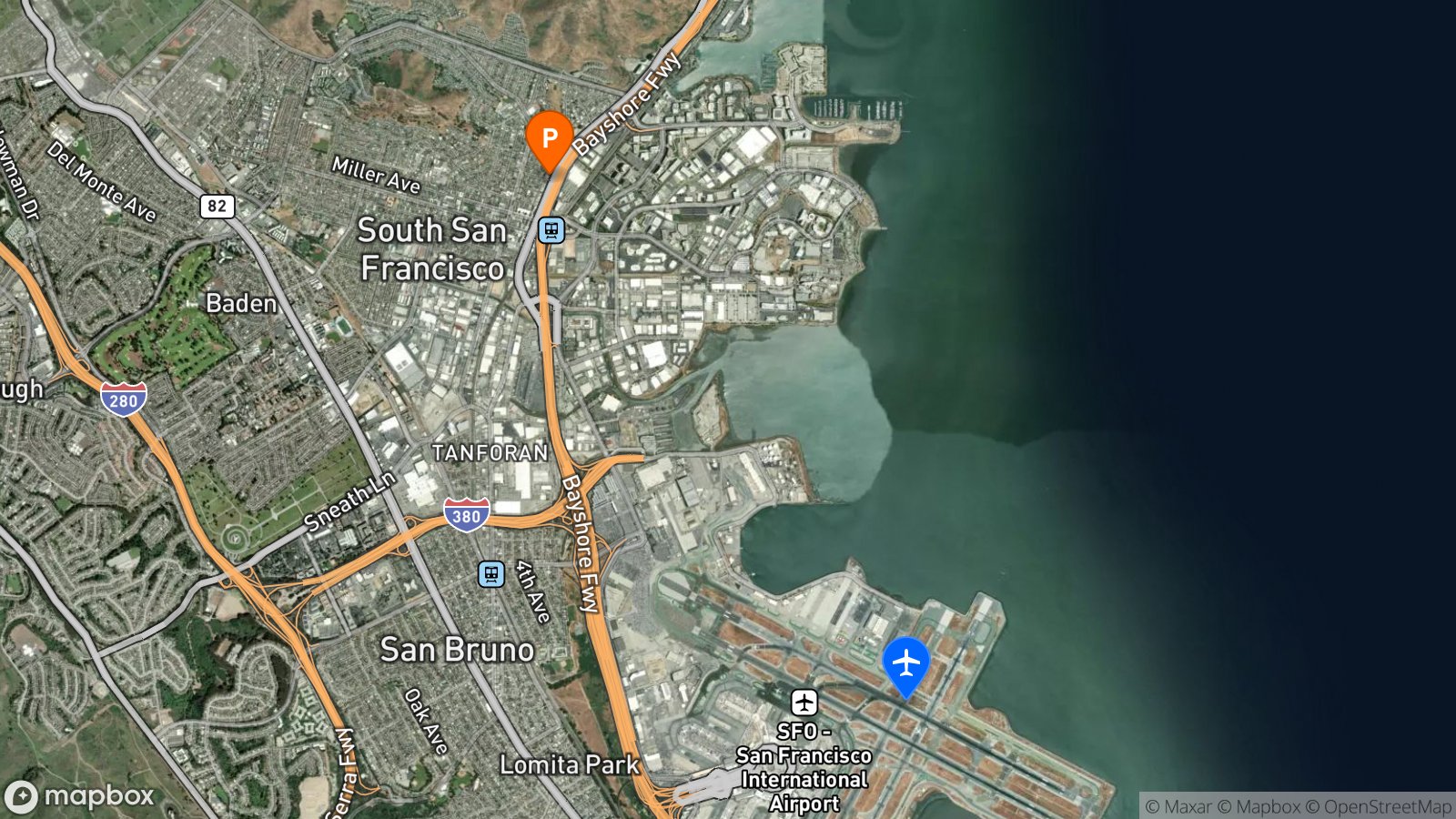 Satellite view of hotel and SFO airport
