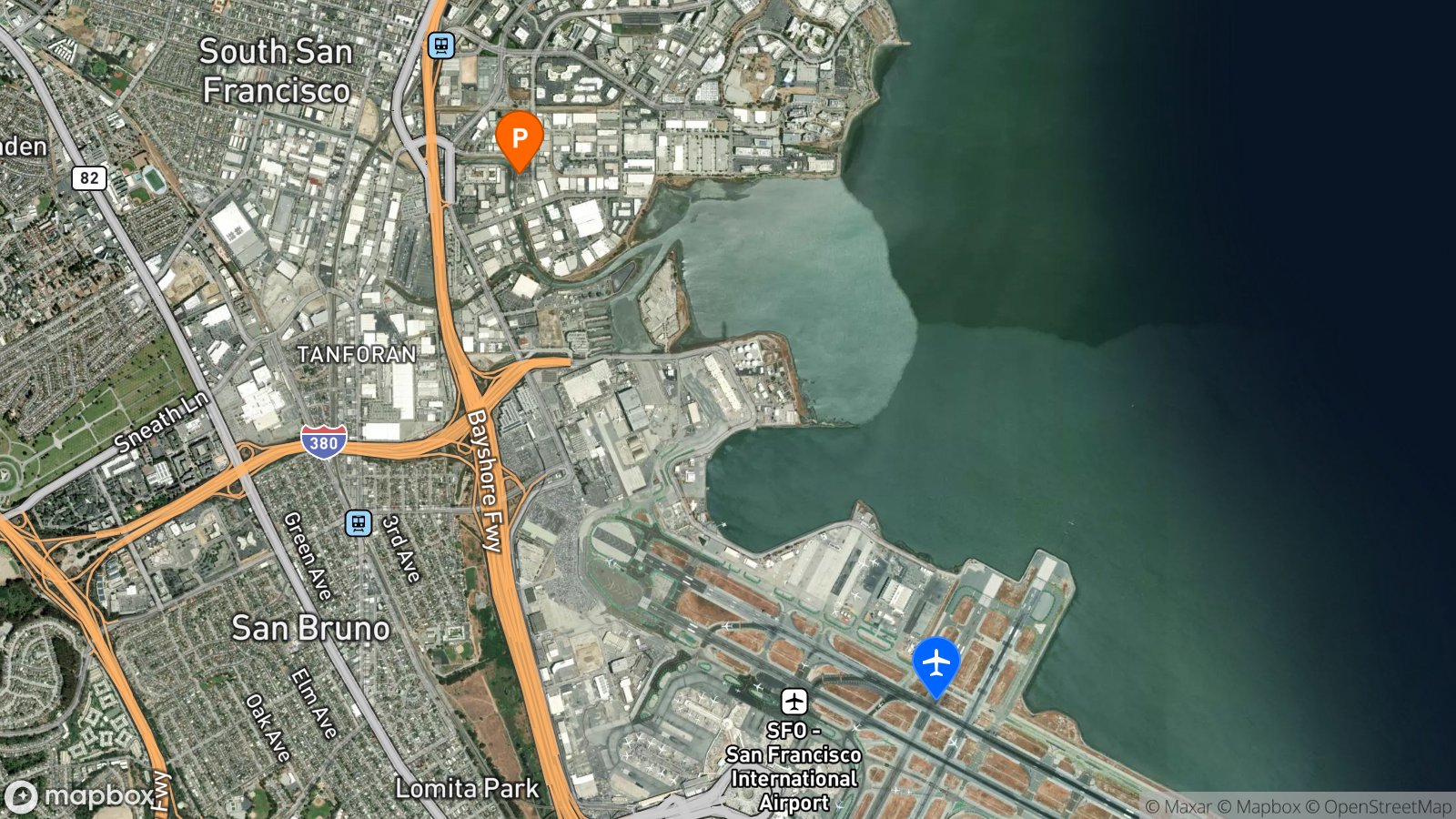 Satellite view of hotel and SFO airport