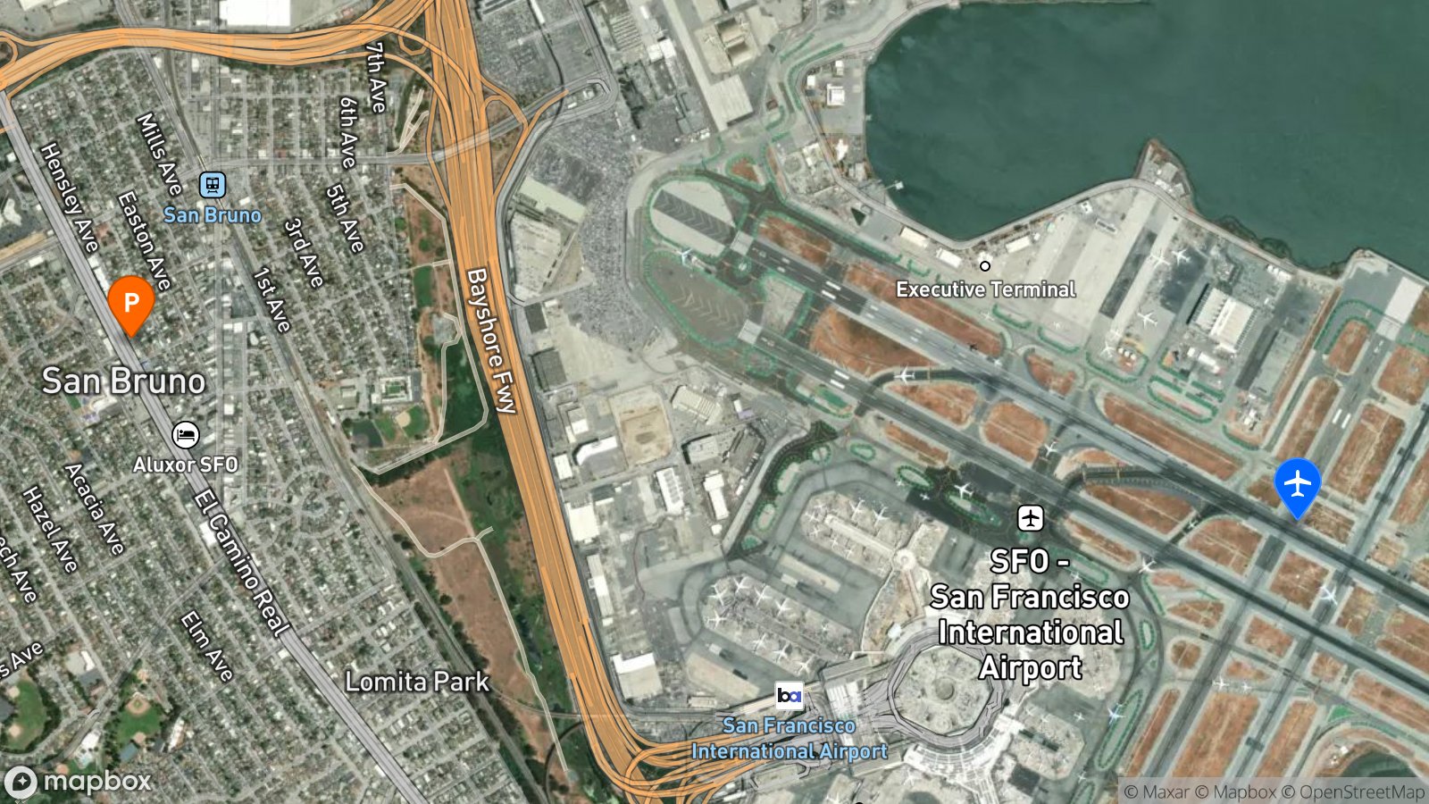 Satellite view of hotel and SFO airport