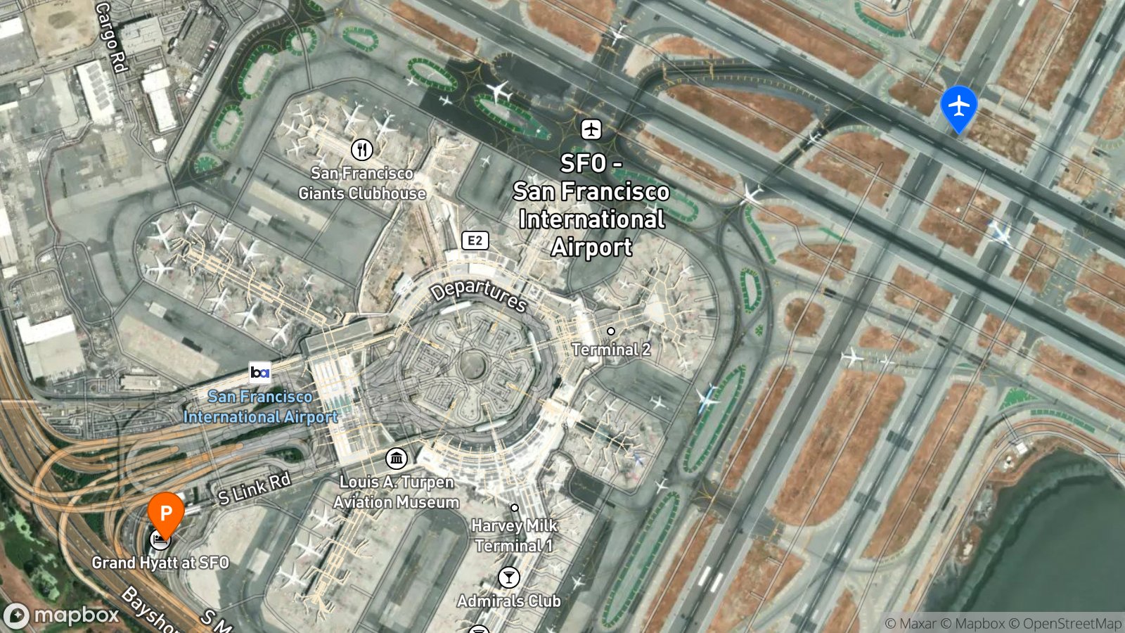 Satellite view of hotel and SFO airport
